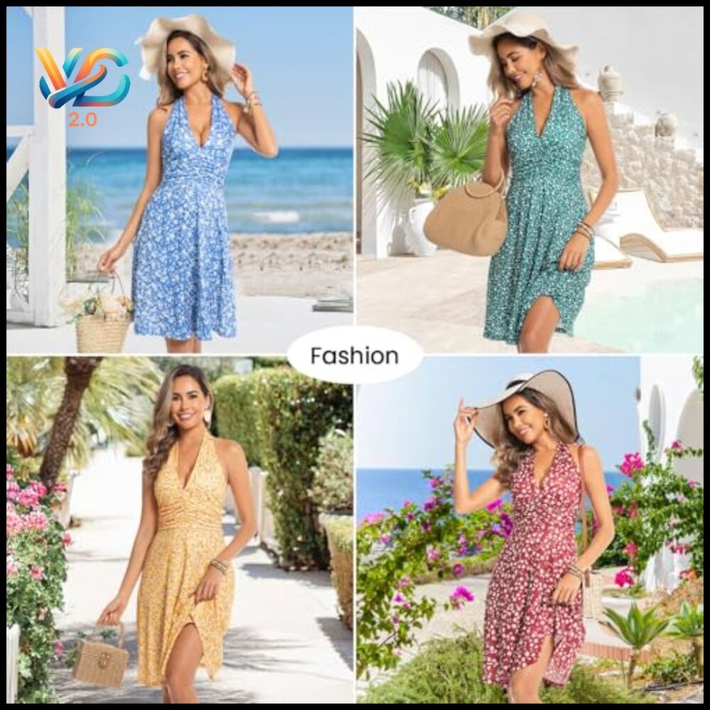 Sleeveless Halter Neck Ruffle Sundress A-Line Summer Beach Dress - Picture 4 of 5